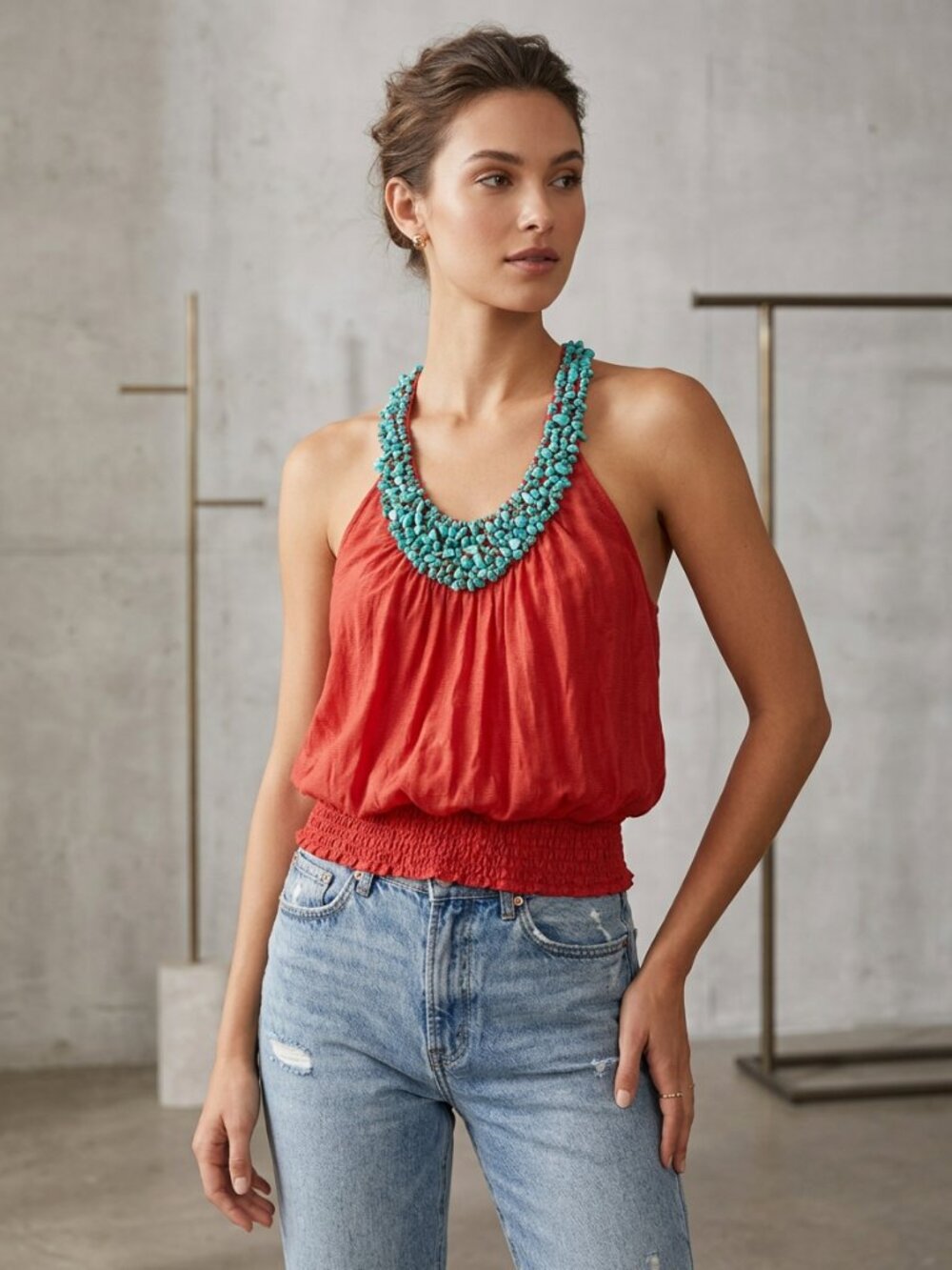 Bebe Coral Top with Turqouise Beaded Neckline